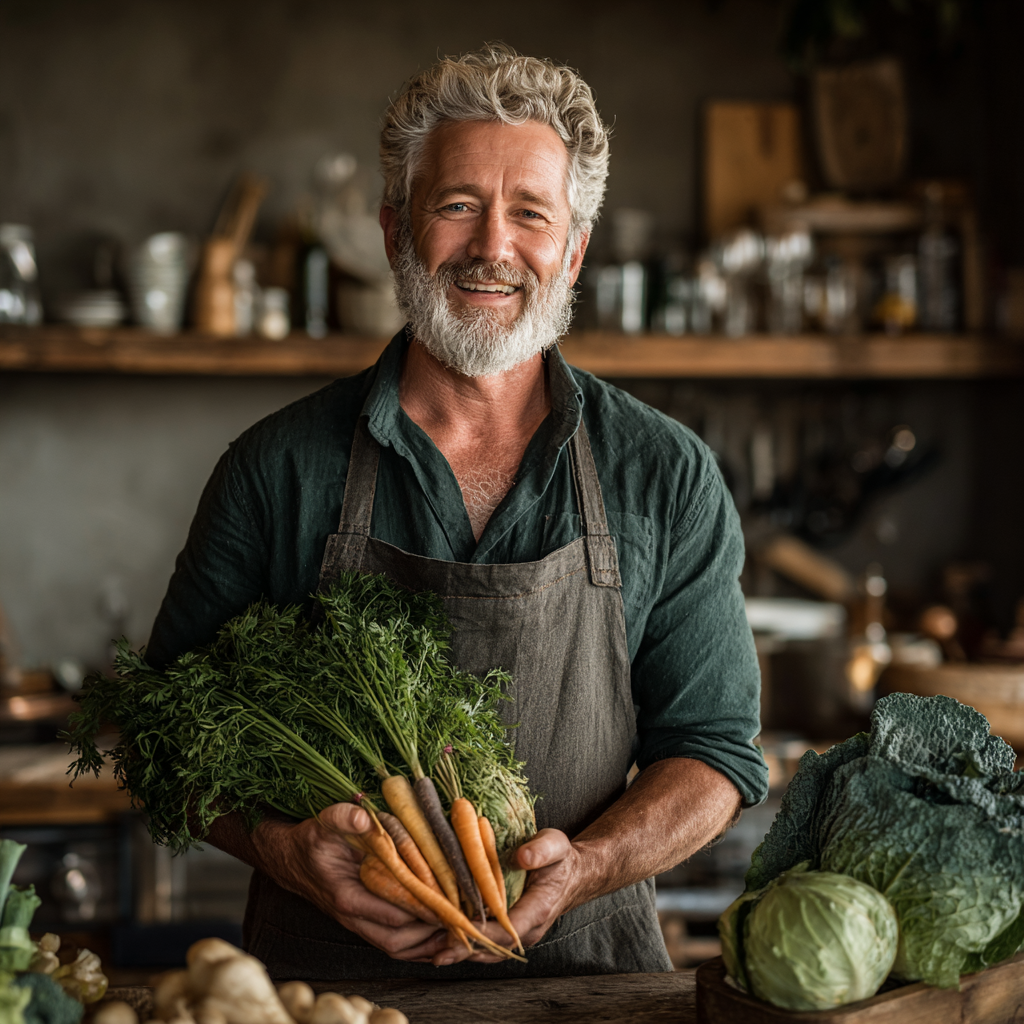 Чоловік 55 років готує здорову їжу на кухні, усміхається та тримає в руках свіжі овочі