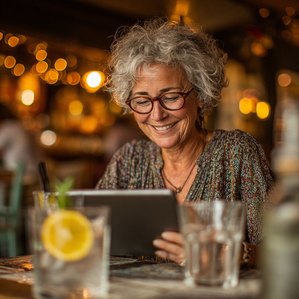 Жінка 58 років сидить за столом з планшетом, переглядає меню snavorikem та усміхається, поруч стоїть склянка води з лимоном