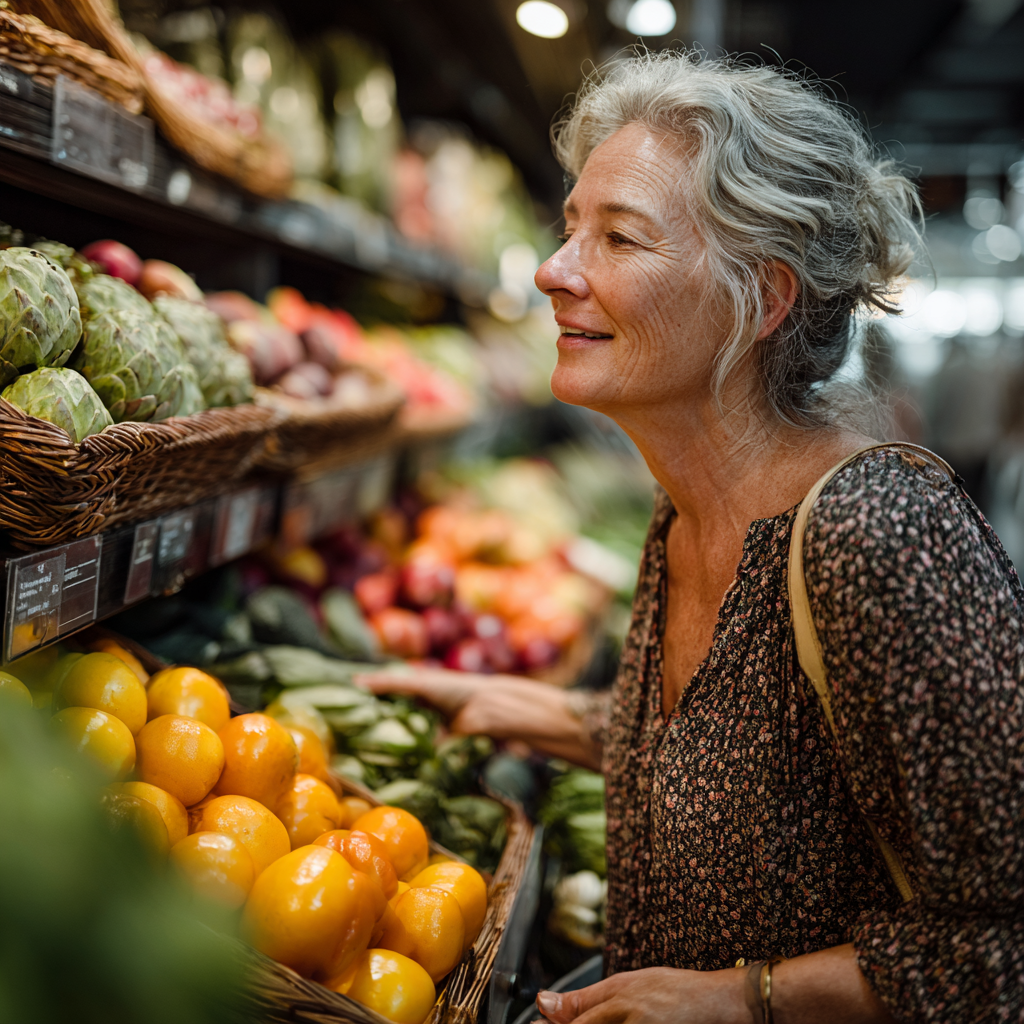 Жінка 60 років обирає свіжі продукти в супермаркеті, уважно читає етикетки та посміхається
