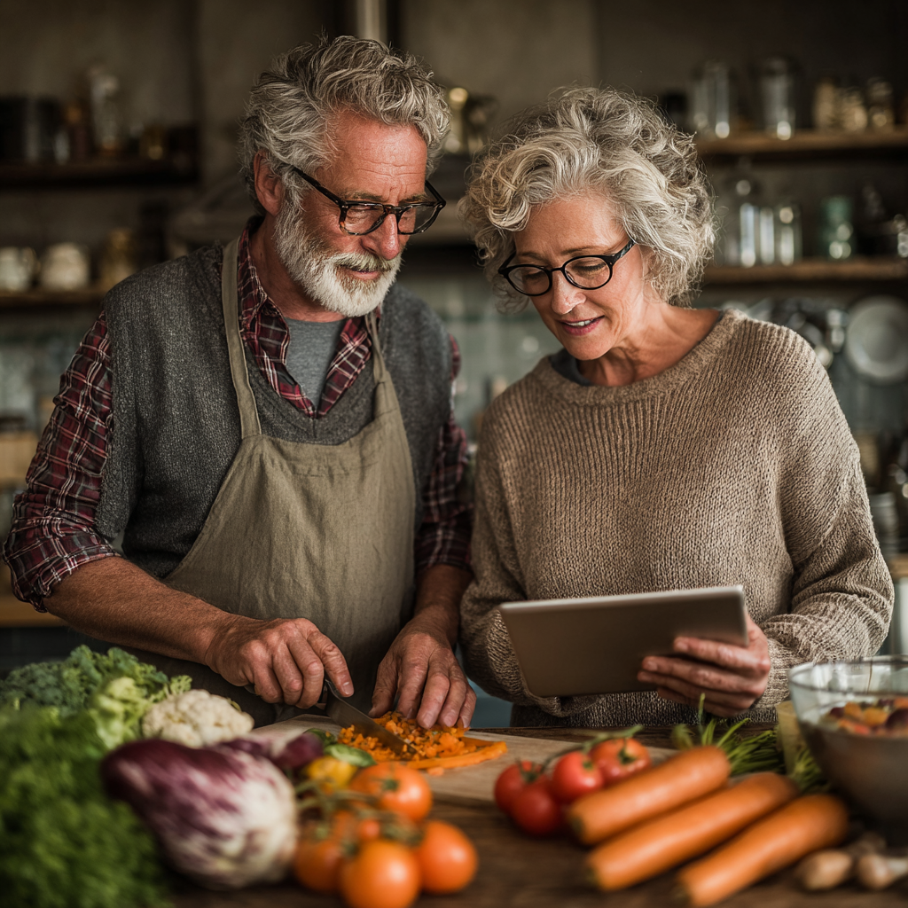 Пара віком 55-60 років разом готує здорову їжу, чоловік нарізає овочі, жінка читає рецепт на планшеті
